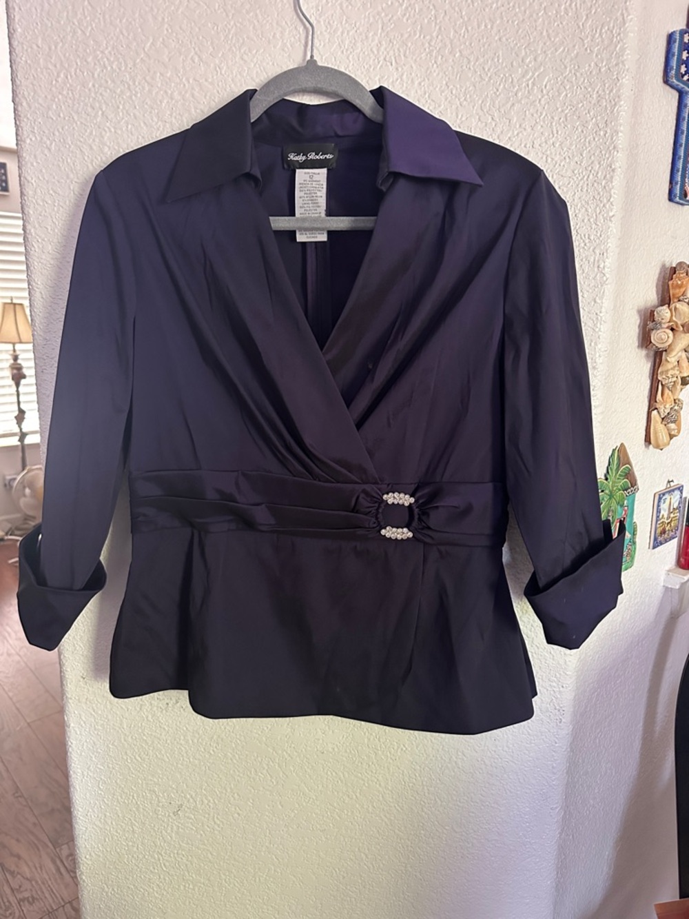 Kathy Richards Satin-Look Purple Wrap Blouse with Embellished Buckle